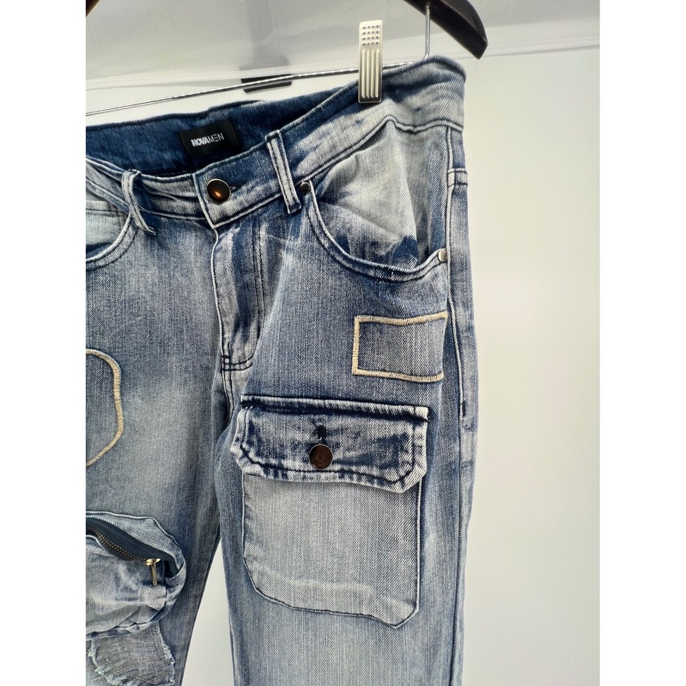 NOVAMEN Mens Designer Jeans Cargo Pockets Embellished Zip Ankle Blue Size 32 - Picture 5 of 13
